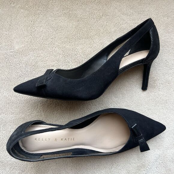 Kelly & Katie Zonya Black Faux Suede Textile Heels Pumps Women US 8.5 EU 39 Bow - Picture 12 of 16